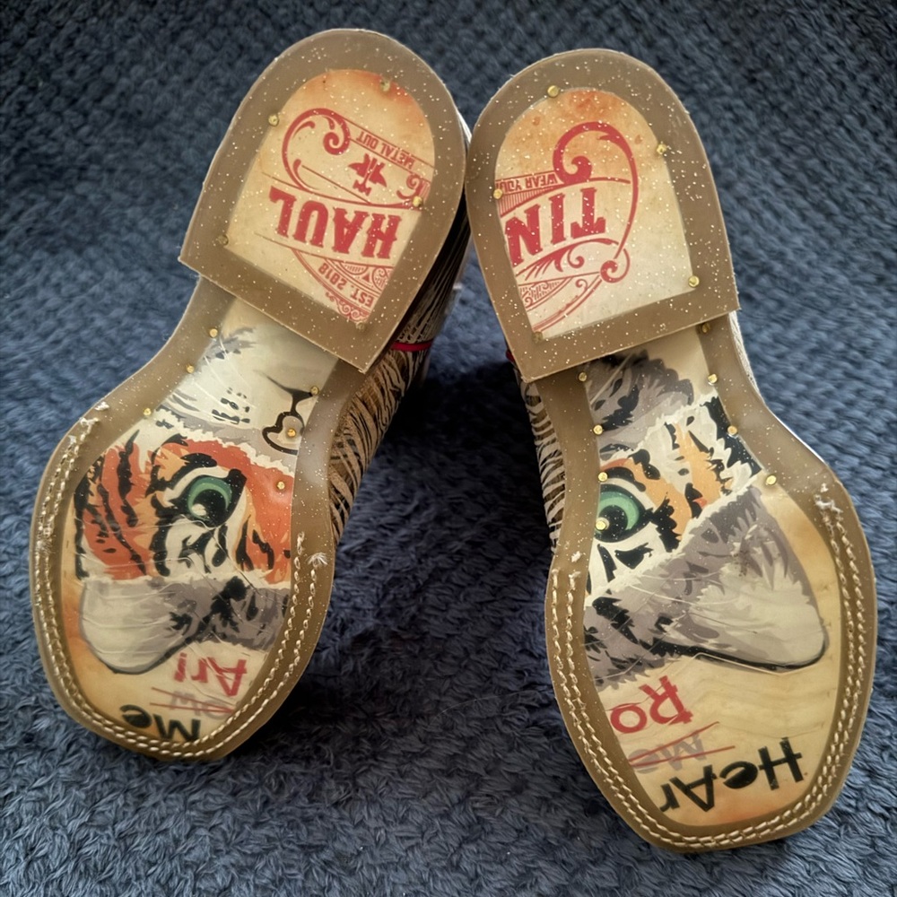 Tin Haul Kids Cowboy Boots Golden Tiger Hear Me Roar Brown Cream w Pink Accents - Picture 8 of 11